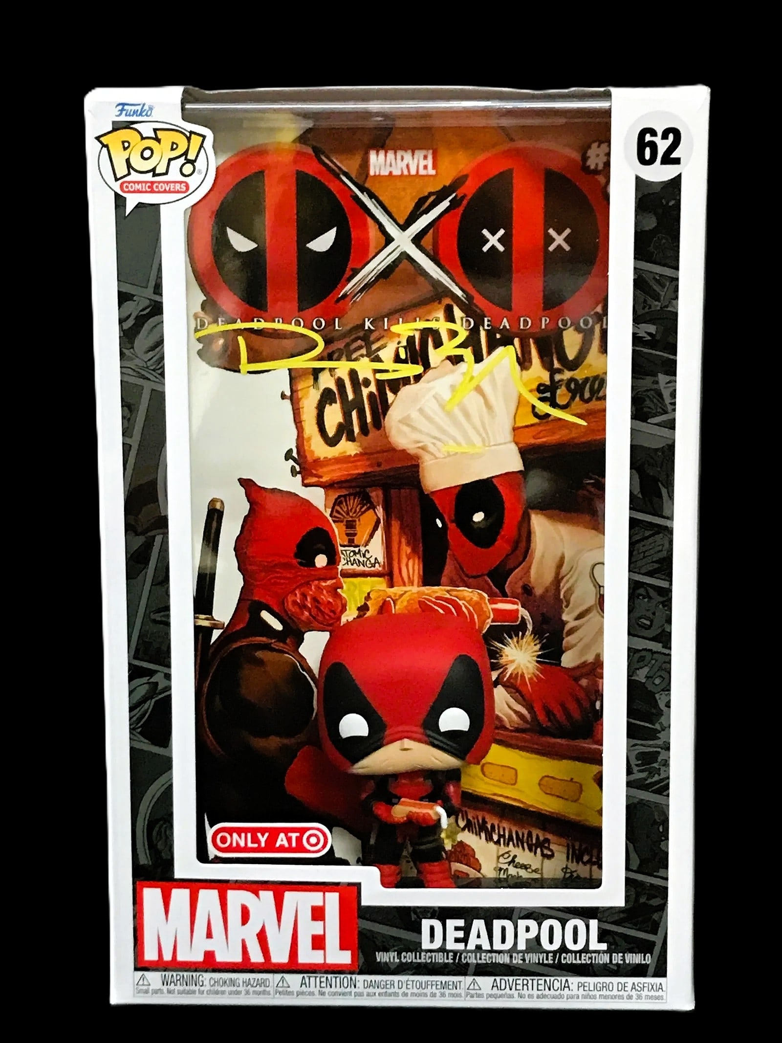 Ryan Reynolds Signed Deadpool Funko Pop! Comic Cover #62 (Target) KB COA: Signed Funko Pop! Comic Cover Deadpool (#62) presented in a protective display case (Target "Only at" branding present; see photos). Autographed by Ryan Reynolds in yellow paint pen across the front o