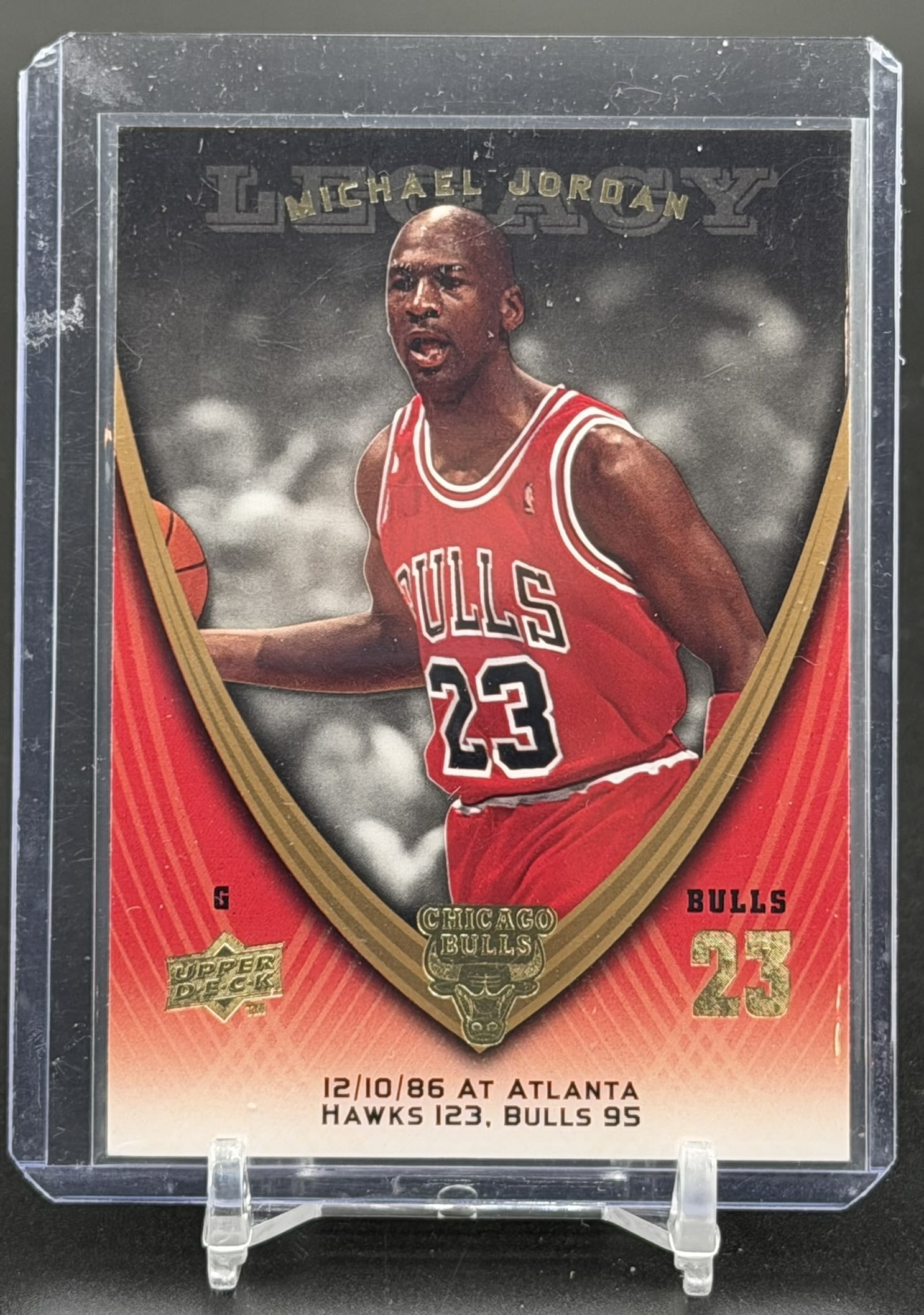 2008-09 Upper Deck Michael Jordan Legacy Card #119 Chicago Bulls Basketball Insert: 2008-09 Upper Deck Michael Jordan Legacy card #119 featuring the Chicago Bulls Hall of Famer. This insert card commemorates the December 10, 1986 game against the Atlanta Hawks, showcasing a color act