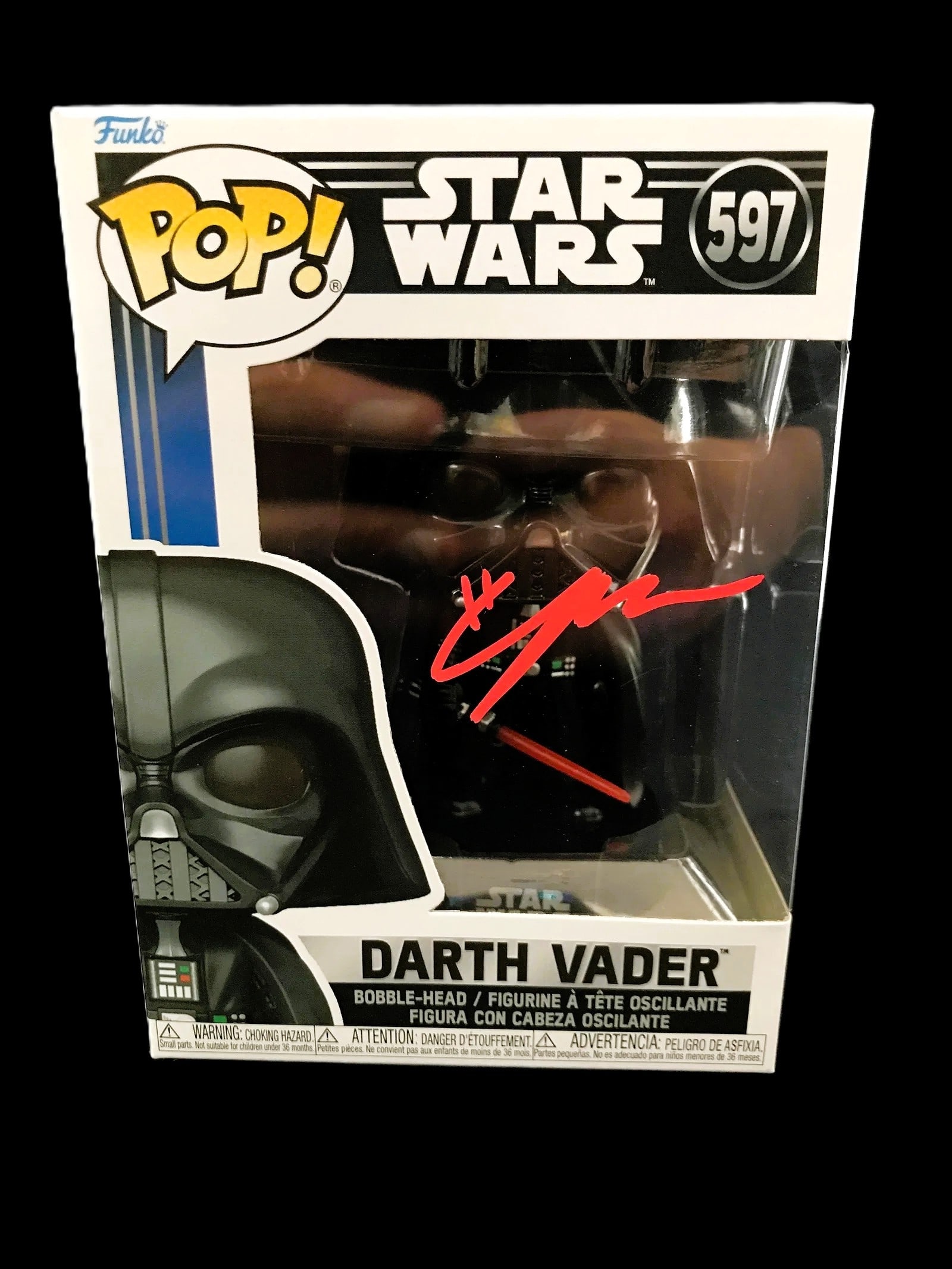 Hayden Christensen Signed Vader Star Wars Funko Pop! #597 WWOC COA: Autographed Funko Pop! Star Wars collectible: Darth Vader (Pop #597) signed in bold red paint pen by Hayden Christensen. Presented in its original display box. Includes WWOC COA as shown in photos. Hi