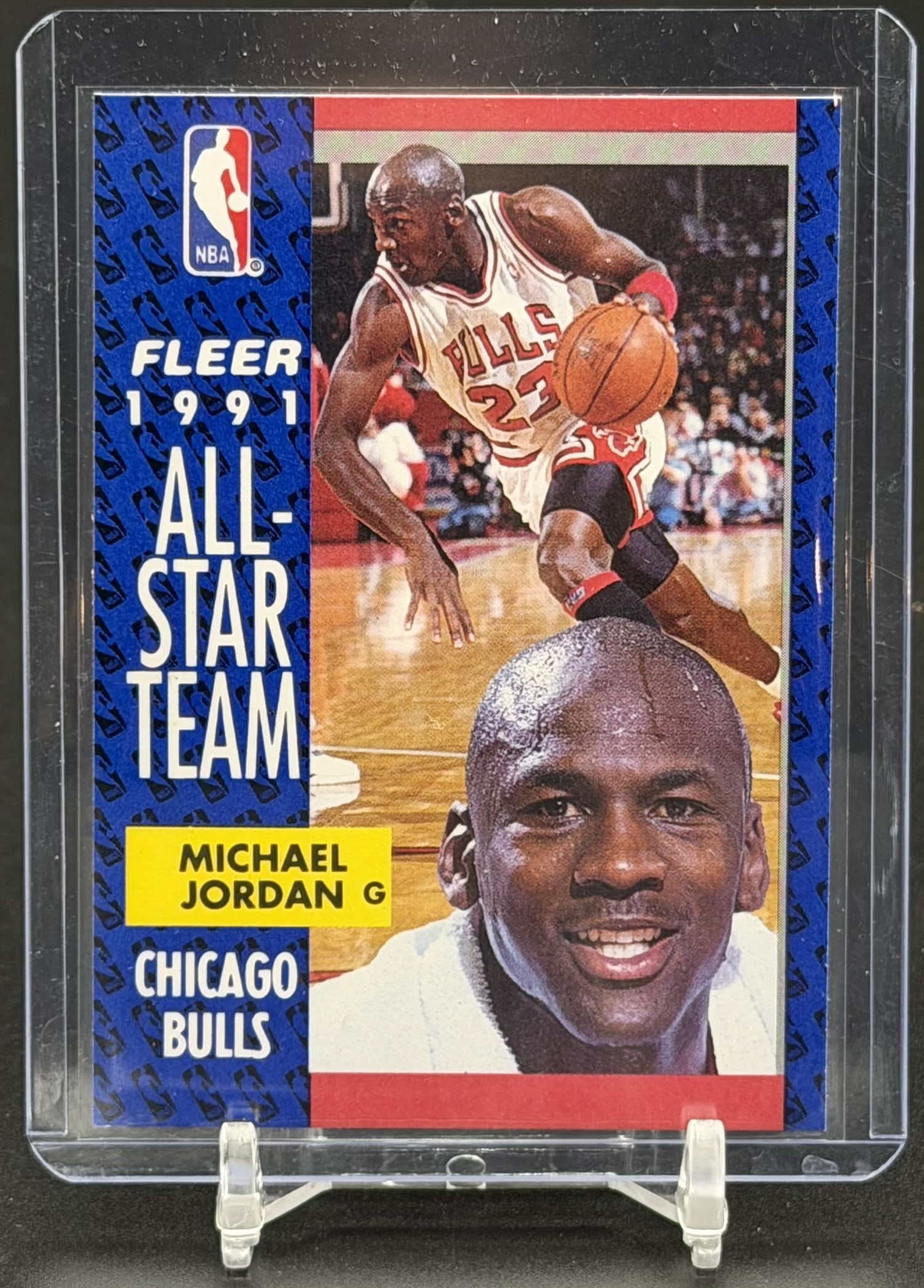 1991-92 Fleer Michael Jordan All-Star Team Card #211 Chicago Bulls Vintage Basketball Legend: Vintage 1991-92 Fleer Michael Jordan All-Star Team card #211, featuring the Chicago Bulls Hall of Famer. The front of this card showcases both an action shot of Jordan driving the ball in his white Bu