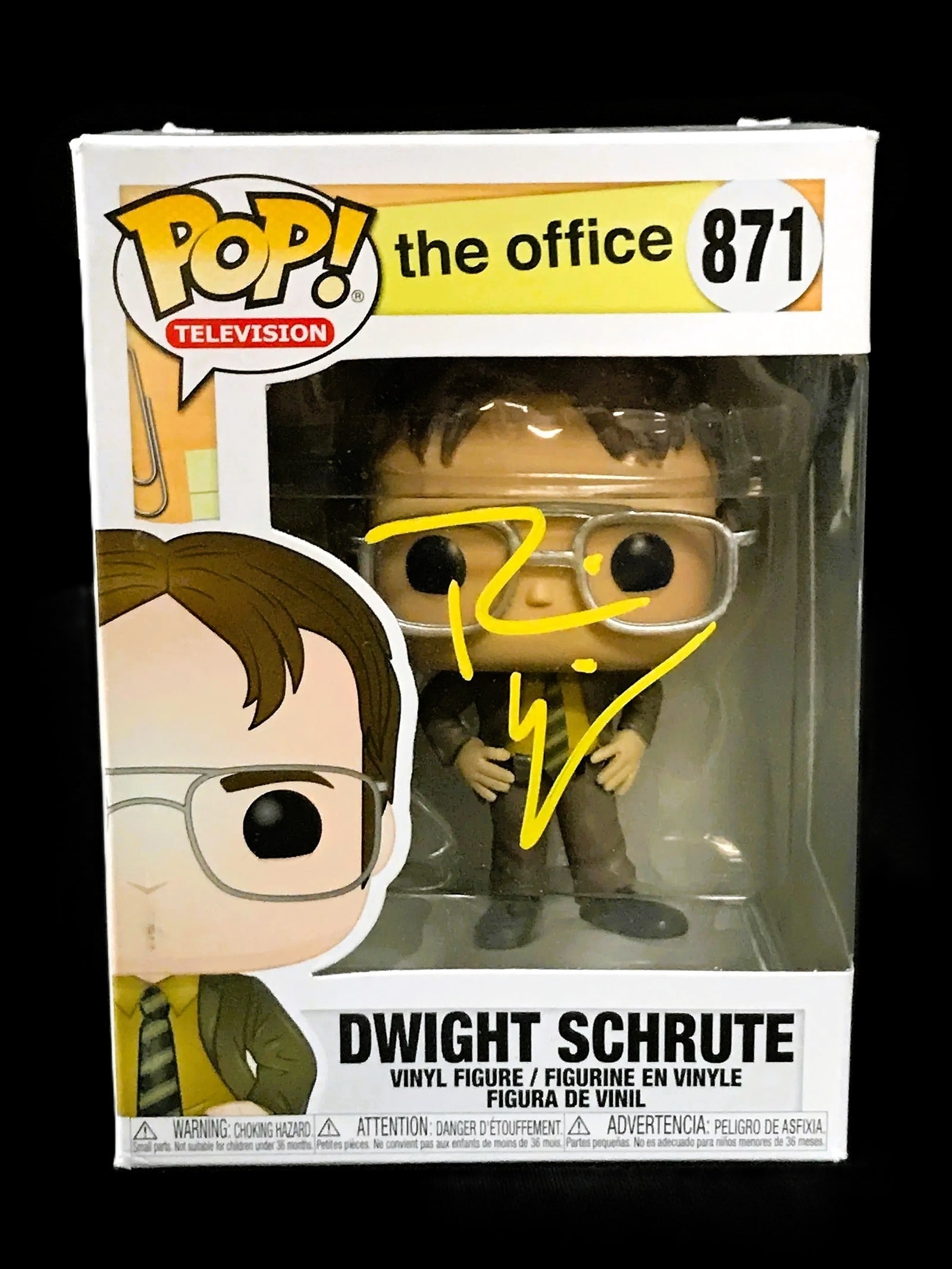 Rainn Wilson Signed Dwight Schrute Funko Pop! #871 KB COA: Signed Funko Pop! Dwight Schrute (#871) from The Office, autographed by Rainn Wilson in yellow paint pen across the box window (see photos). Includes KB COA. A fan–favorite character from one of