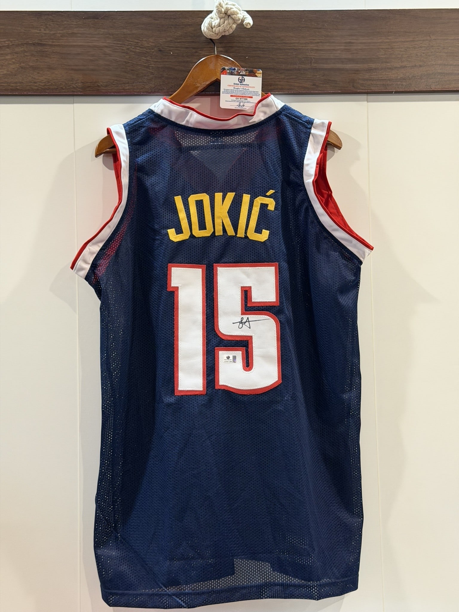 Nikola Jokić Signed Denver #15 NBA Jersey GA COA Sz XL NWOT: Denver basketball jersey personally signed by Nikola Jokić in black marker across the reverse number "15." The jersey features Jokić nameplate, player number 15, Denver team graphics, or