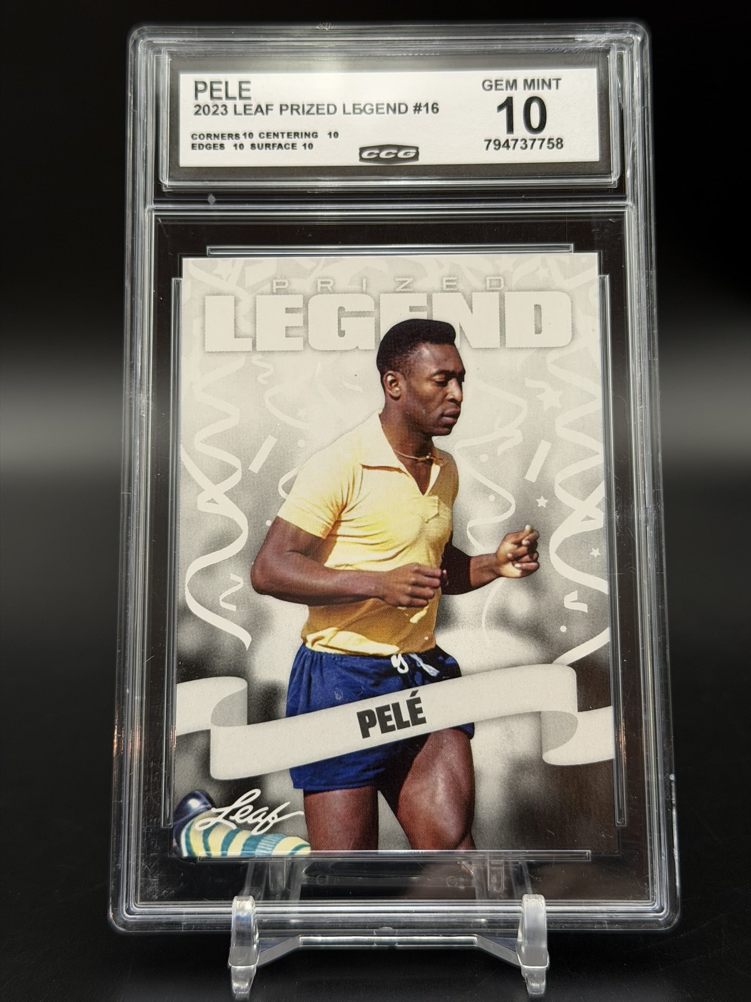 2023 Leaf Prized Legend Pele #16 CCG Gem Mint 10 Soccer Card: Professionally graded CCG Gem Mint 10 2023 Leaf Prized Legend card featuring Brazilian football icon Pelé (Card No. 16). This licensed Leaf tribute issue celebrates the onl