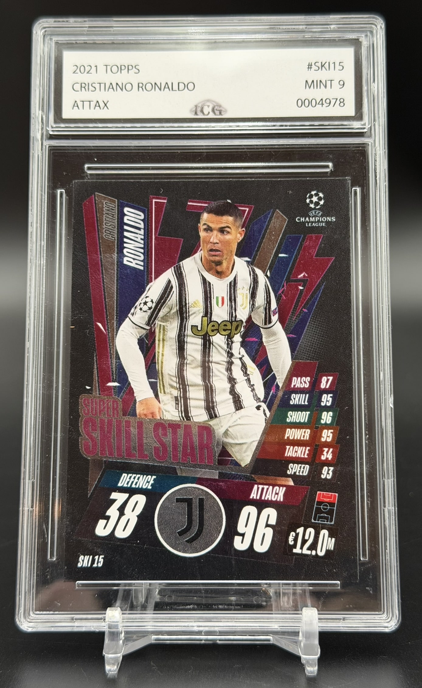 2021 Topps Match Attax Cristiano Ronaldo Super Skill Star #SKI15 CCG Mint 9: Professionally graded CCG Mint 9 2021 Topps Match Attax UEFA Champions League Super Skill Star card featuring football icon Cristiano Ronaldo with Juventus. Card No. SKI15