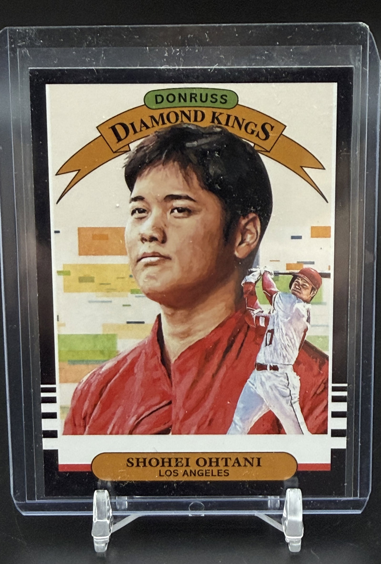 2019 Panini Donruss Diamond Kings Shohei Ohtani #14 Los Angeles Angels: Official 2019 Panini Donruss Diamond Kings card featuring Shohei Ohtani of the Los Angeles Angels. Card #14 showcases Ohtani in Diamond Kings' signature painted portrait style, combining a prominent h