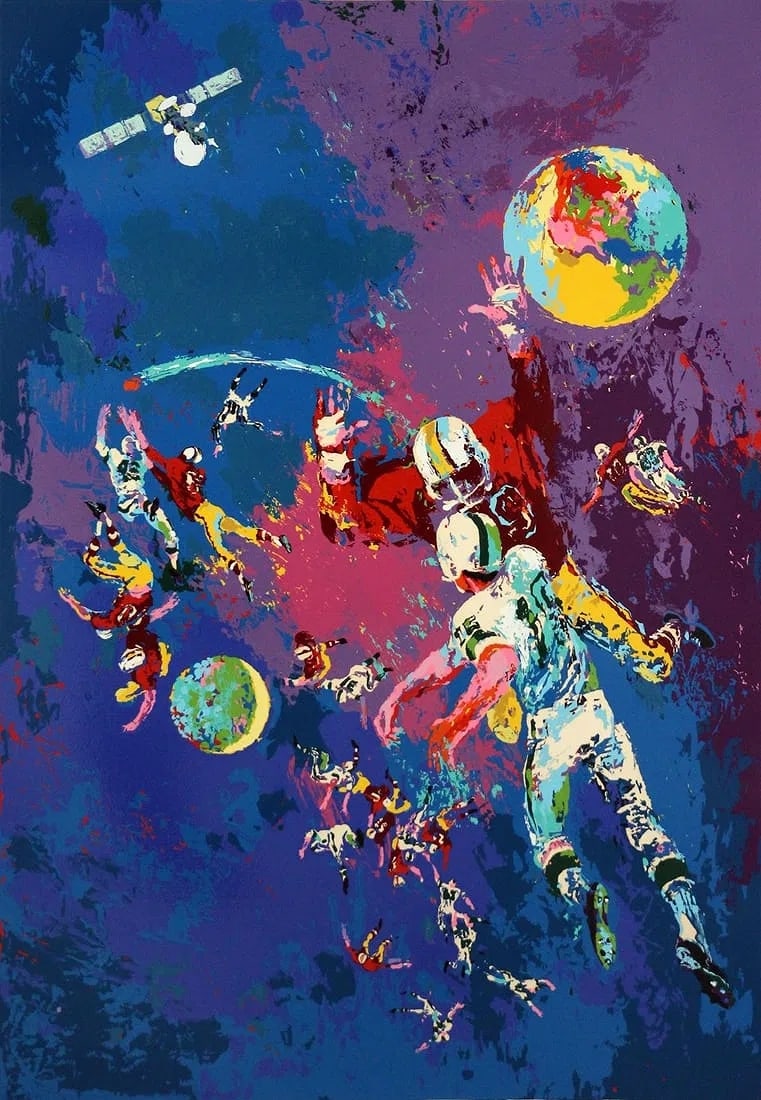 LeRoy Neiman "Satellite Football" 1973 Serigraph, LE 267/300, Signed, COA 24.5" x 35.25": "Satellite Football" (1973) is an original serigraph on paper by LeRoy Neiman, issued in a rare limited edition of 300 (this example is numbered 267). The composition channels Neiman’s signature
