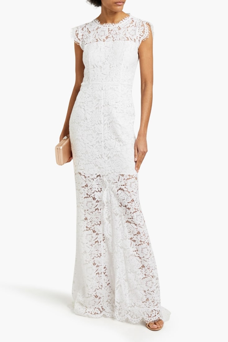 IMPORTED MSRP €540 RACHEL ZOE Lace Trumpet Wedding Dress Size US 4 / S Open Back Cap Sleeve NWT: RACHEL ZOE lace trumpet wedding dress in white featuring an elegant open-back design, cap sleeves, slit hem detailing, and partial lining with subtle train-back styling. Sophisticated full-length silh