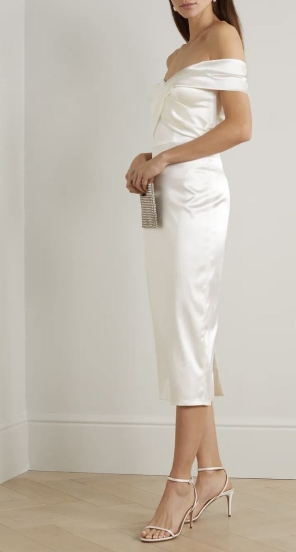 IMPORTED MSRP €2,000 Halfpenny London "The Kelly Dress" Satin Pencil Dress US 8 Ivory Pleated: Halfpenny London ""The Kelly Dress" Ivory Satin Pencil Dress featuring elegant pleating and structured tailoring. Made in the United Kingdom, this refined occasion dress offers architectural draping a