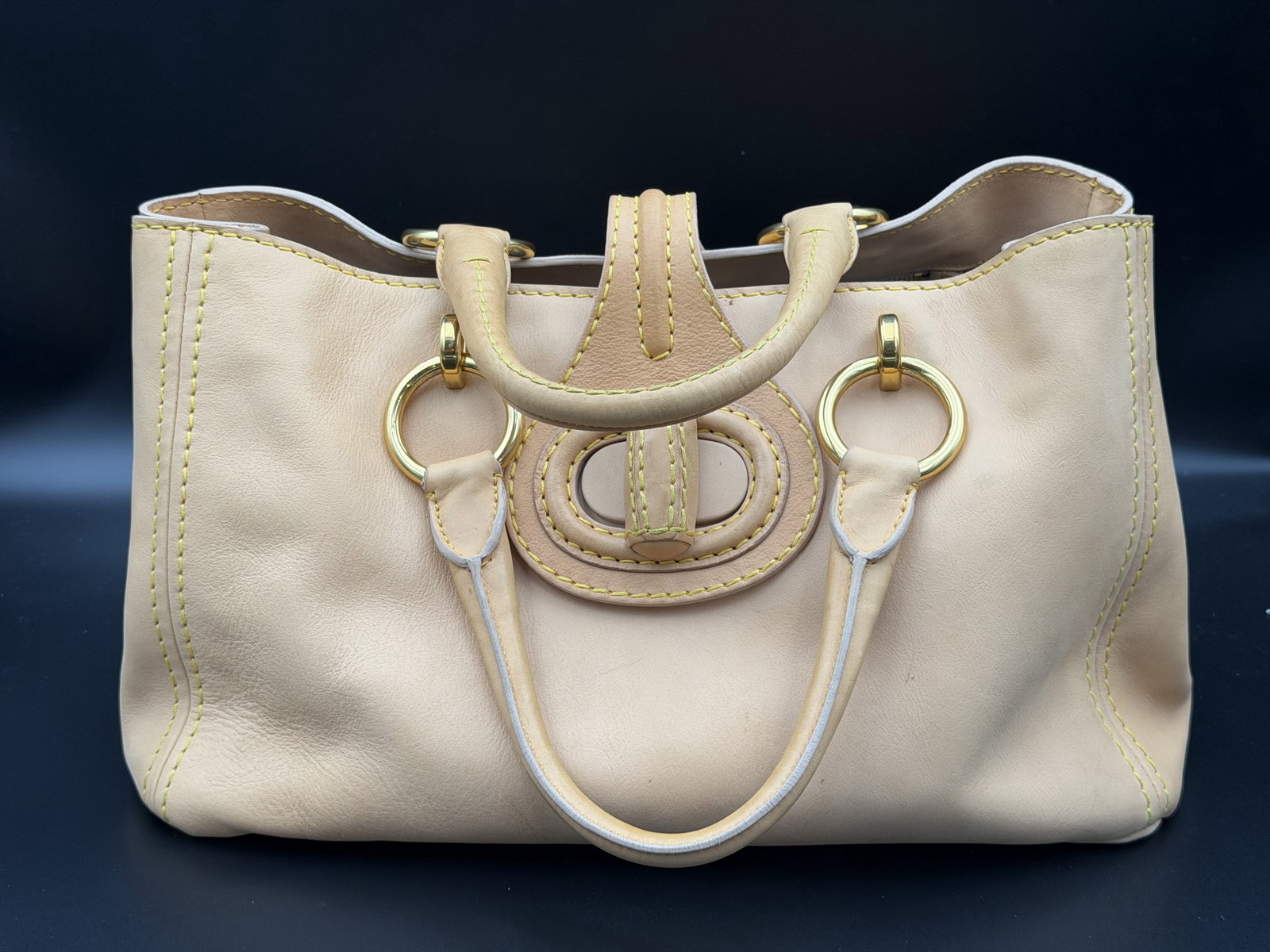 MSRP $3,500 PRADA Vitello Shine / Vitello Daino Leather Twist/Turn-Lock Tote Bag Beige/Camel (1 of 15)