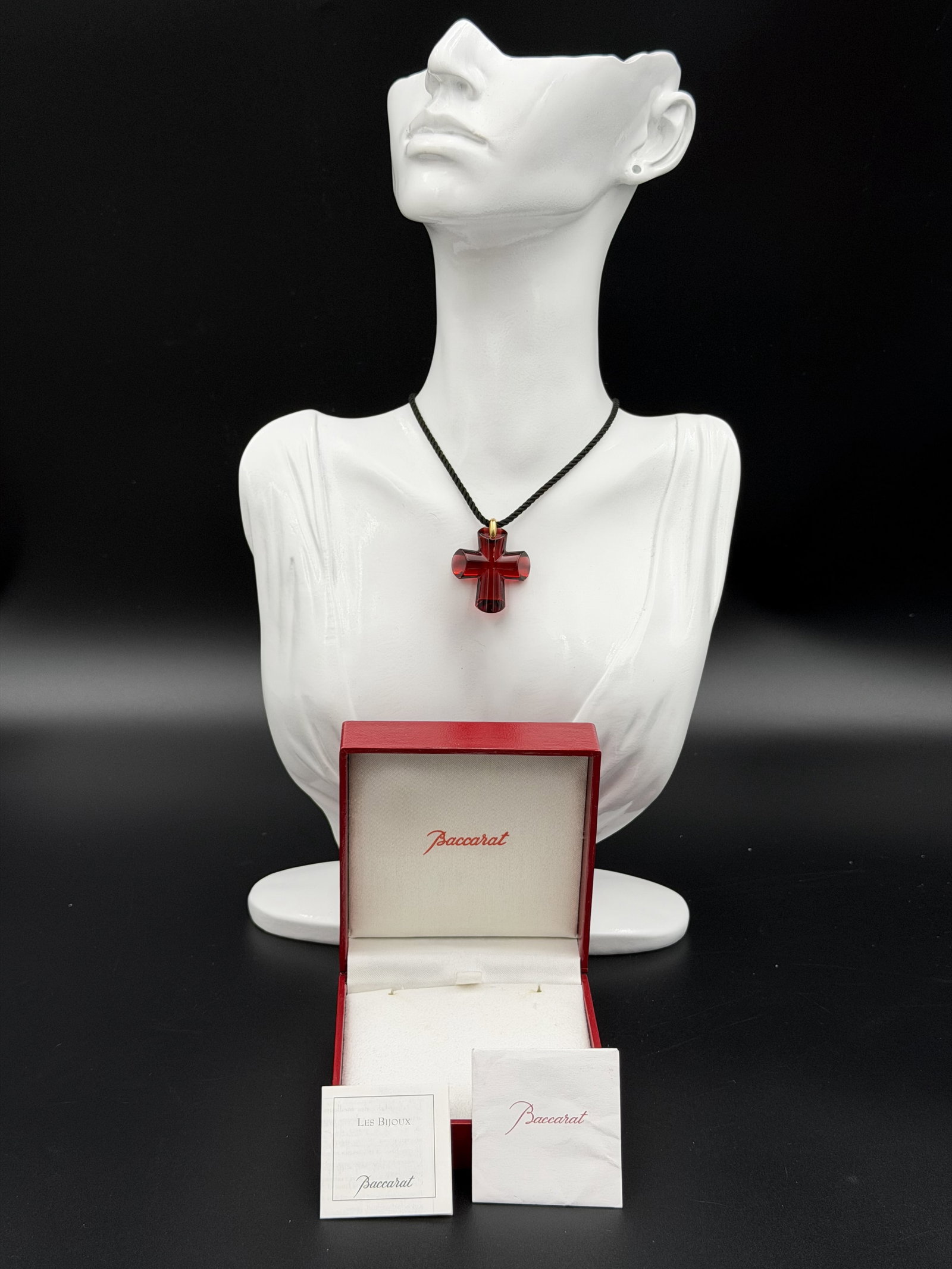 MSRP $695 BACCARAT Rouge Crystal Cross Pendant Necklace Vermeil & Cord 9.48 g w/ Box (1 of 10)