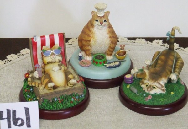 Gary Patterson Cat Figures: 3: 4" Fit to be Tied, 2002; 4 3/4" Got Food?, 2003; 3 1/2" Time Out, 2002