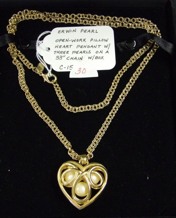 Erwin Pearl Heart Necklace: Open-work gold-tone pillow heart pendant with 3 pearl beads on a 33" chain. Boxed.