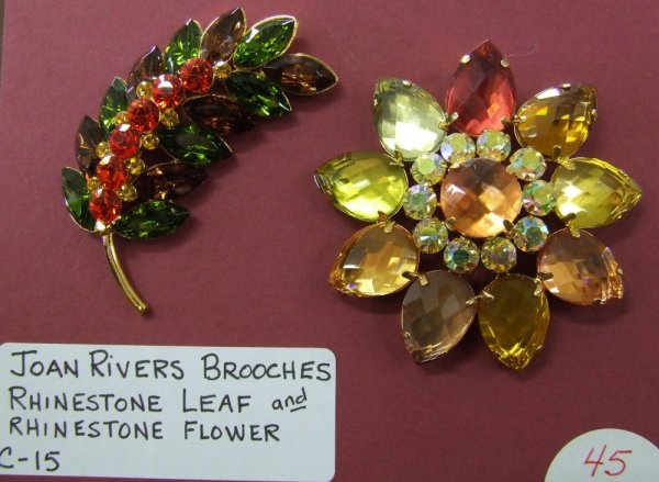 Joan Rivers Rhinestone Fall Brooches: 2 Brooch grouping includes leaf brooch in orange, brown and green as well as a flower brooch in peach, wine, green and amber.