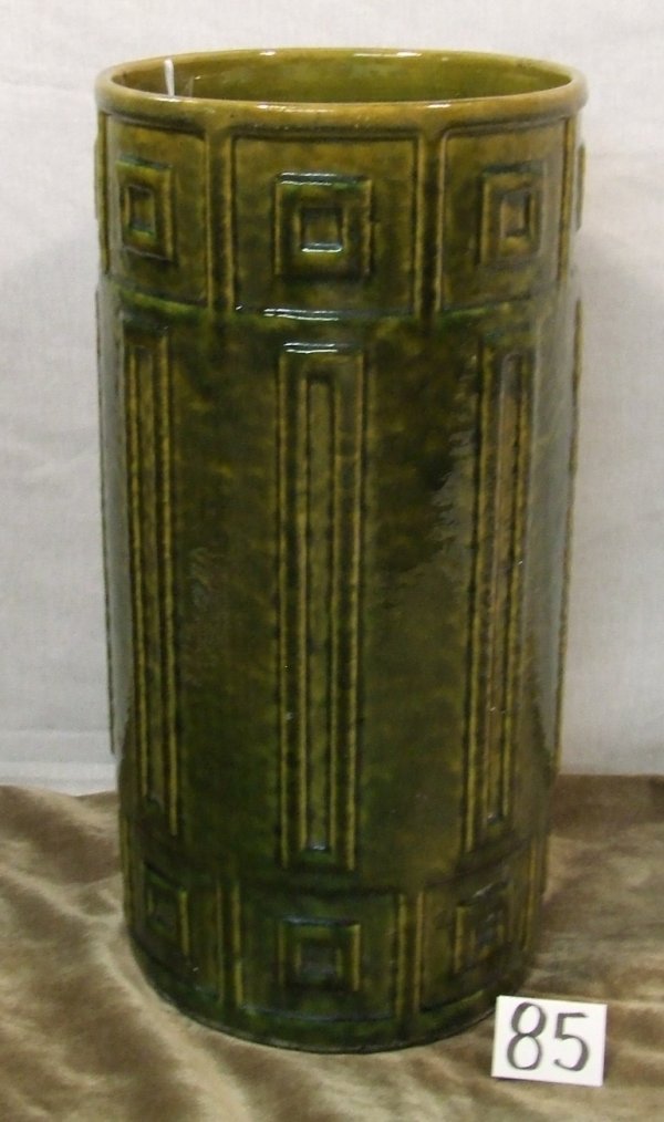 Roseville 19" Umbrella Jar : Neat 19" tall geometric design umbrella jar shines in a high-glaze green finish; unsigned. Marked with a number 729?. Hard to read with a glaze point around the center number.