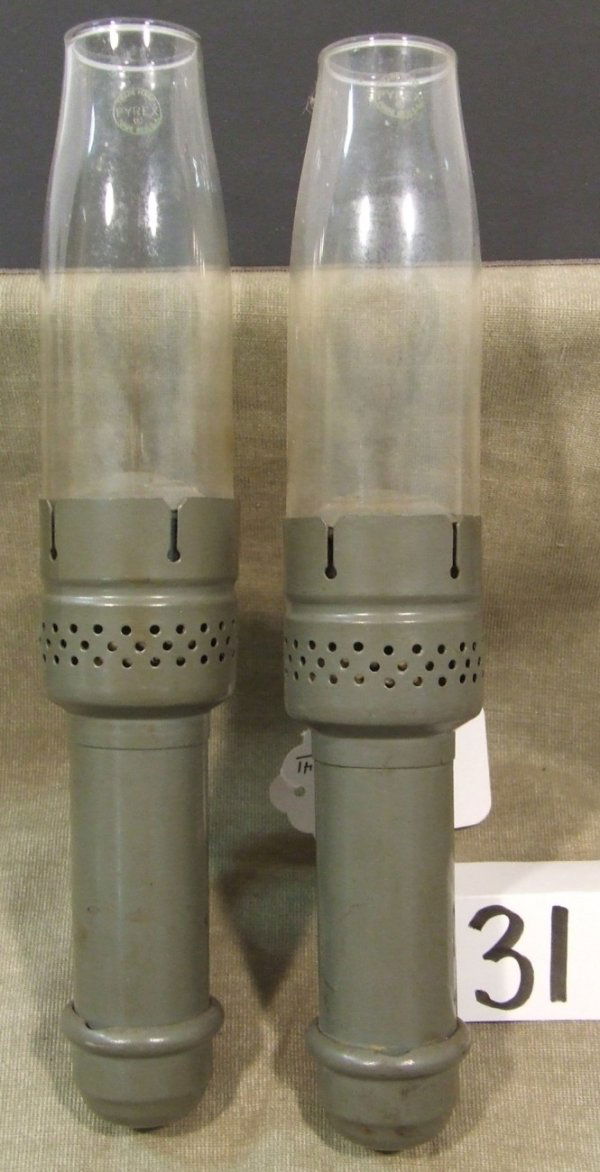 New York Central Caboose Lamps: Nice pair of gray-green caboose lamps are marked "New York Central" with clear Pyrex chimneys; each measures 11.75" long.