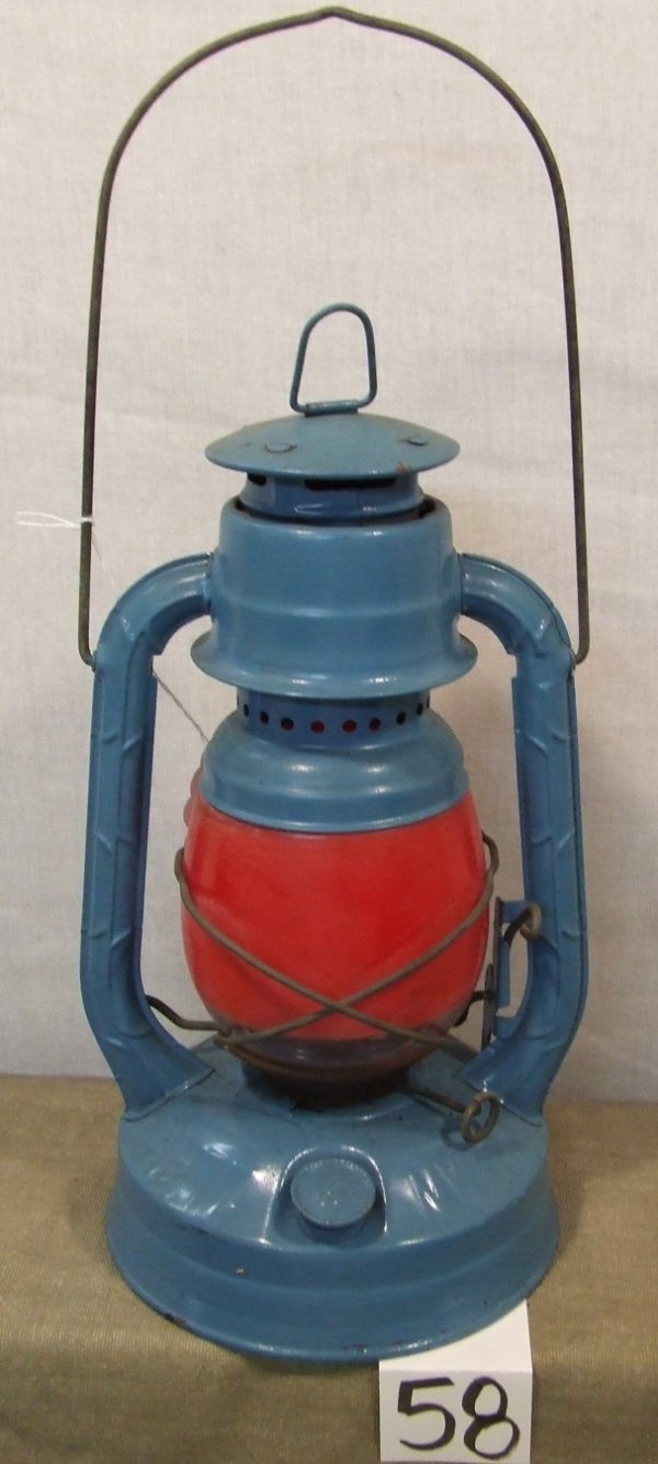 Dietz Little Wizard Lantern: Dietz Little Wizard lantern with blue body and red frosted globe; 11.5 tall body - 16.5 overall height with bail up.