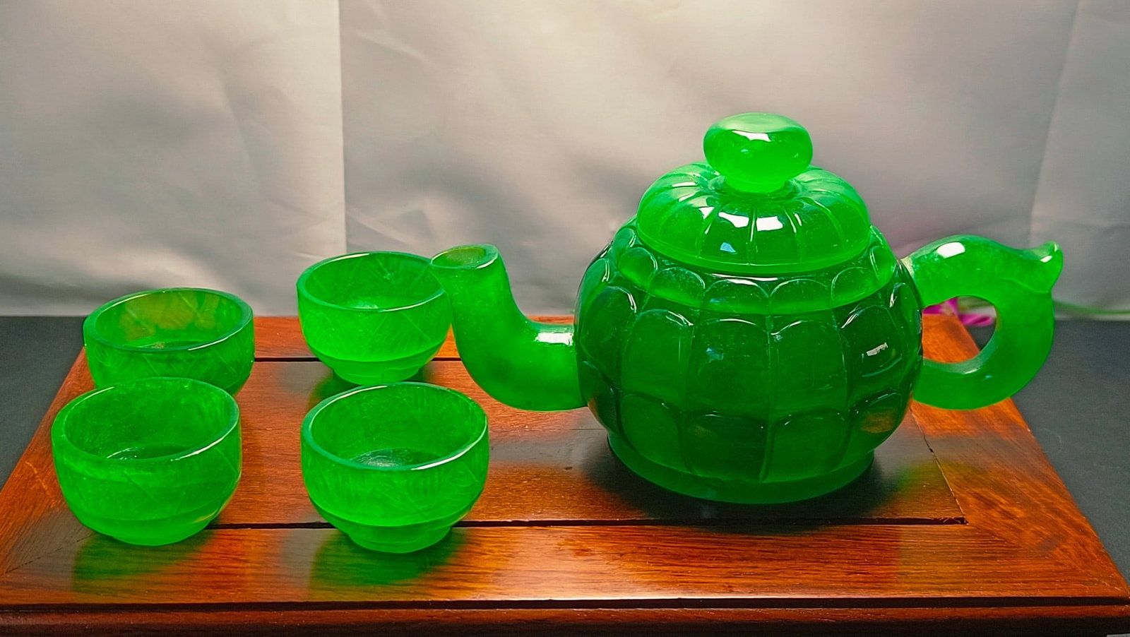 Dragon Stone Imperial Green Jadeite Teapot Set (1 of 8)