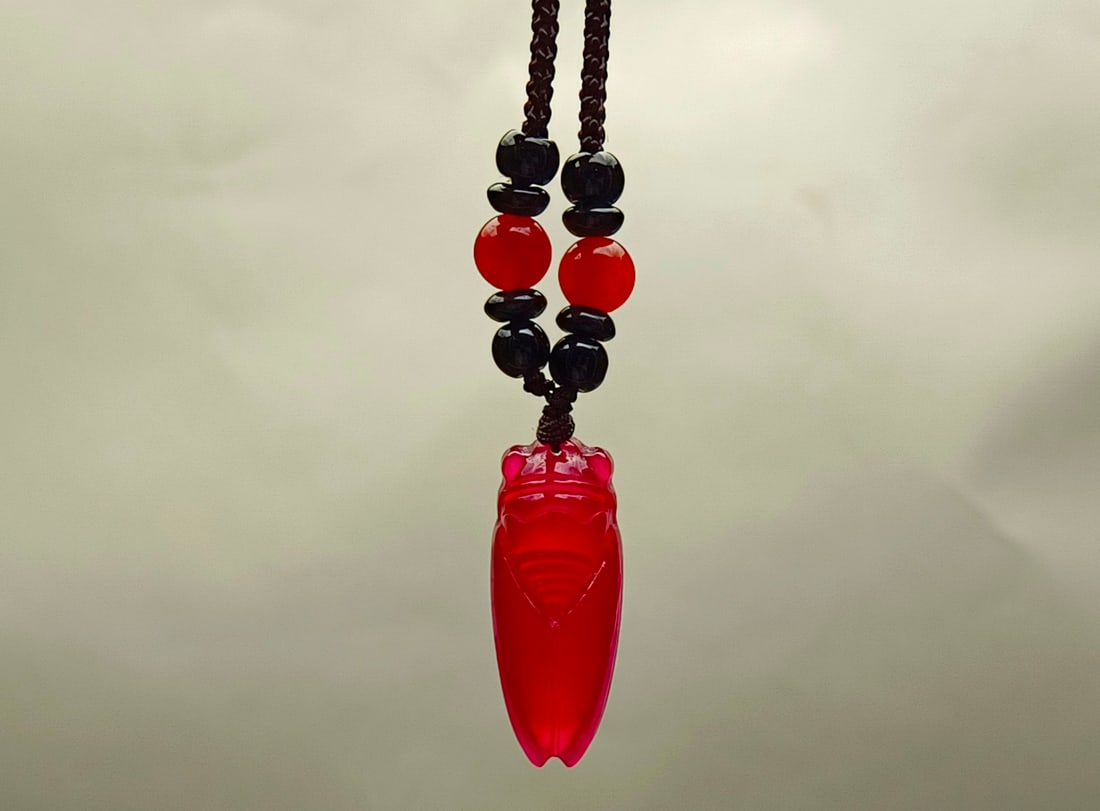 Top-grade Dragon Stone Red Jadeite Cicada Pendant (1 of 7)