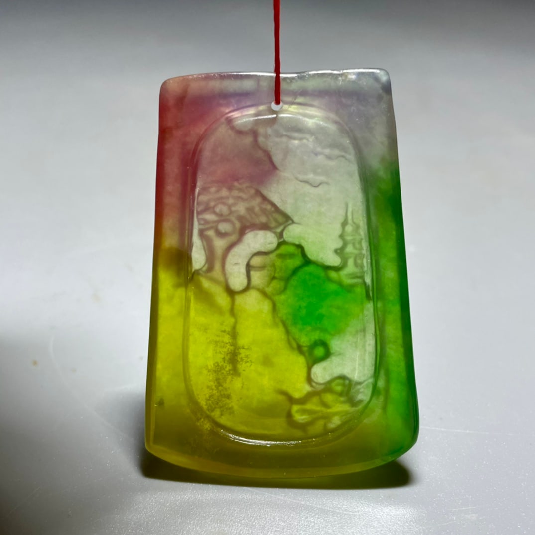 High-quality icy four-color old jadeite landscape pendant: High-quality icy four-color old jadeite landscape pendant Provenance:From an old private collection in Hessen, Germany. An Austrian collector, acquired from the above. Our cooperative logistics servic