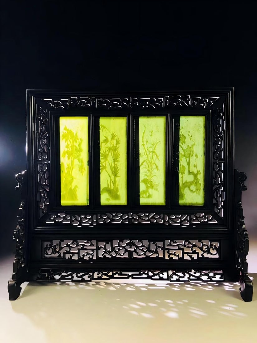 Exquisite Qing Dynasty handmade antique rosewood table screen inlaid with Hetian jade and carved (1 of 8)