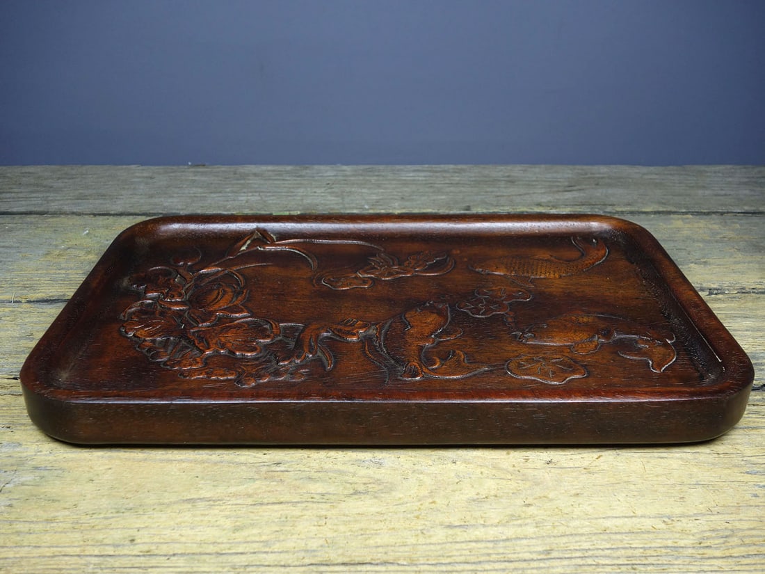 Old collection rosewood exquisitely carved plate and tea tray with the auspicious motif of (1 of 9)