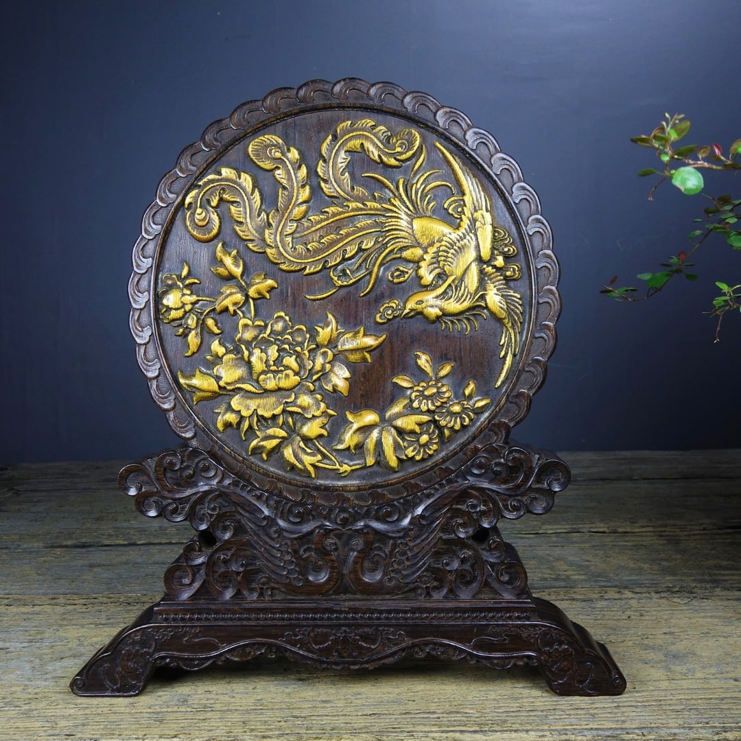 Old Collection Sandalwood Inlaid Bamboo Screen Ornament with Phoenix and Peony (1 of 9)