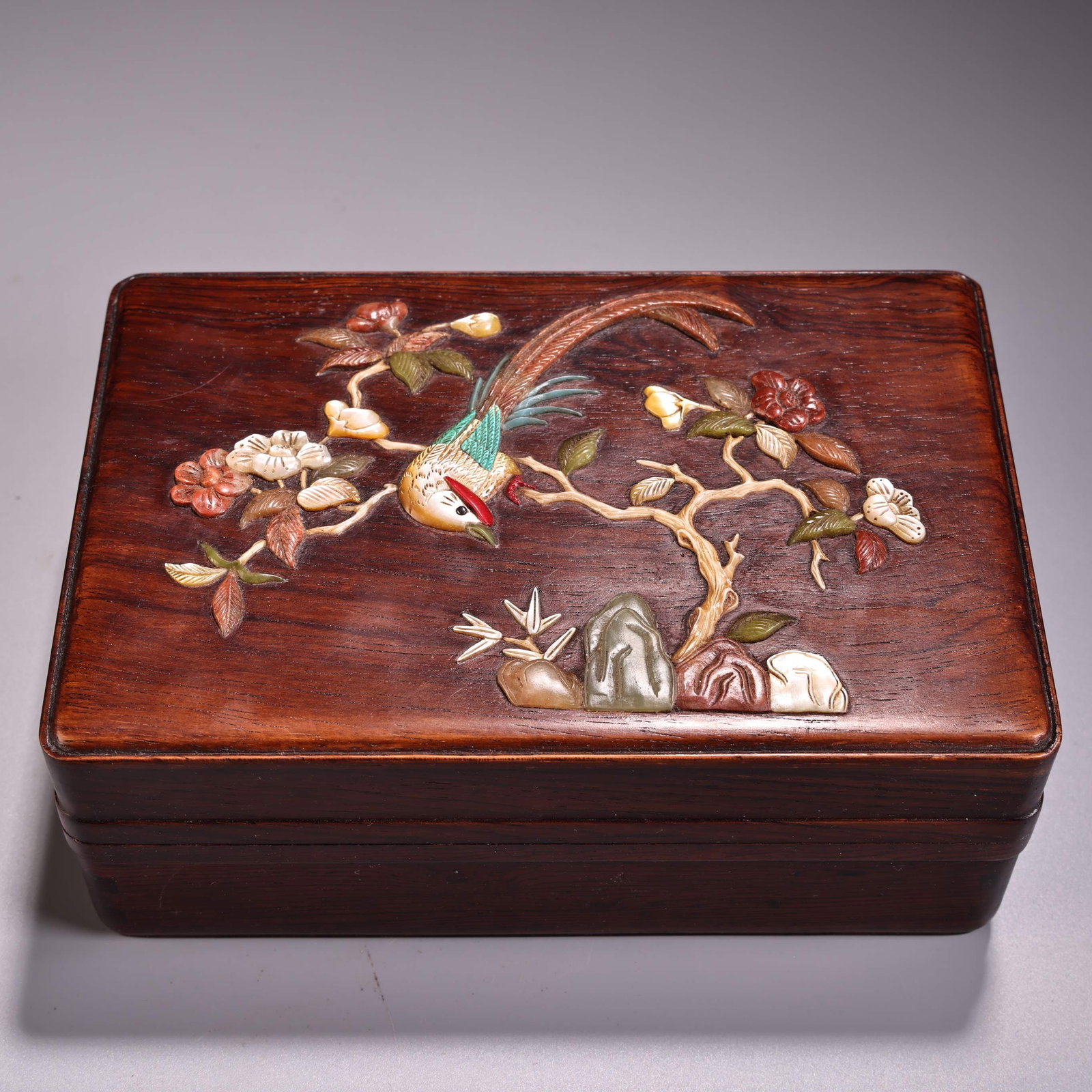 A fine antique collection includes a huanghuali wood box with high-relief carving and inlay of (1 of 11)