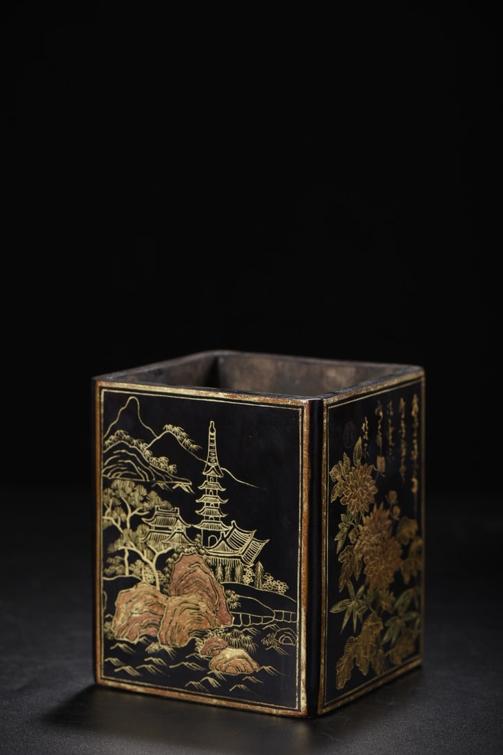 Old wooden brush holder with gold-painted landscape and inscribed poems (1 of 9)