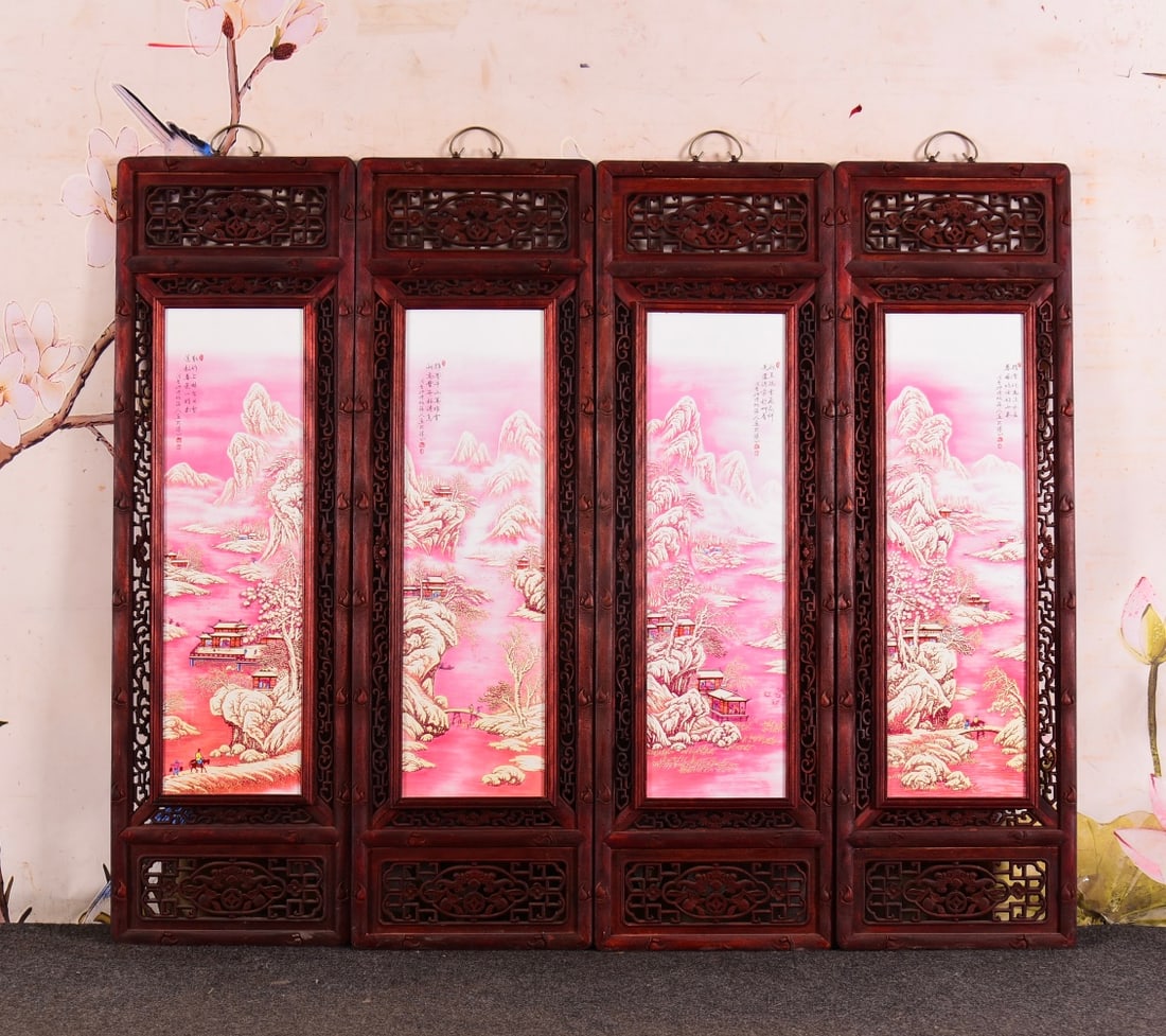 Appreciation of the works of He Xuren, one of the Eight Friends of Zhushan! A set of rosewood carved: Appreciation of the works of He Xuren, one of the Eight Friends of Zhushan! A set of rosewood carved frames inlaid with rouge-red porcelain paintings of snow scenes! Dimensions: 120cm high x 42cm wide