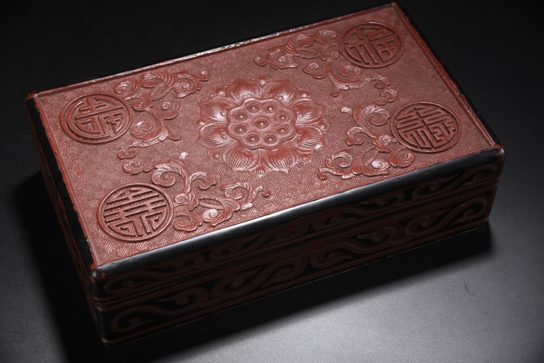 Carved and inlaid lacquer box with auspicious symbols of fortune, prosperity, longevity, and (1 of 9)
