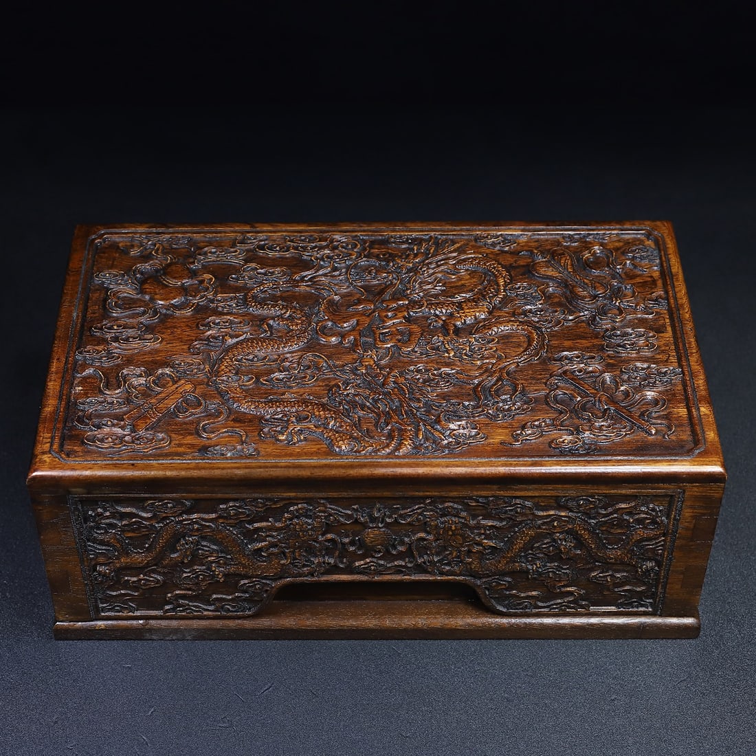 Collector's edition rosewood storage box with carved dragon and auspicious symbols, top lid, (1 of 10)