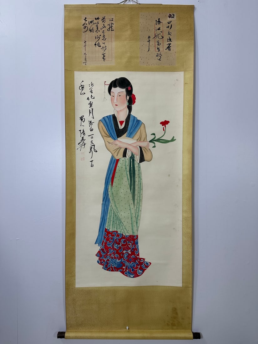(Zhang Daqian) Ladies: (Zhang Daqian) Ladies, a four-foot central hanging scroll with two letters, a purely hand-painted work, framed size: approximately 203X76cm, painting size: 135X66cm! Provenance:From an old private col