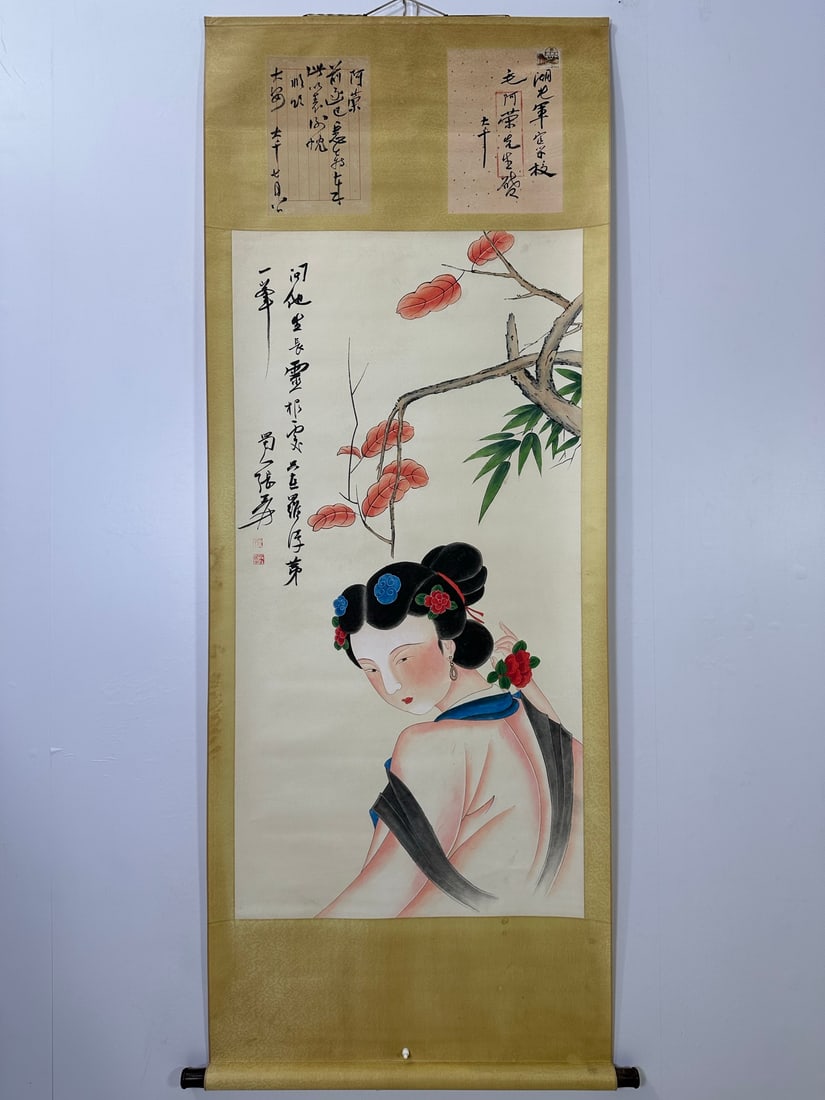 (Zhang Daqian) Ladies: (Zhang Daqian) Ladies, a four-foot central hanging scroll with two letters, a purely hand-painted work, framed size: approximately 203X78cm, painting size: 133X66cm! Provenance:From an old private col