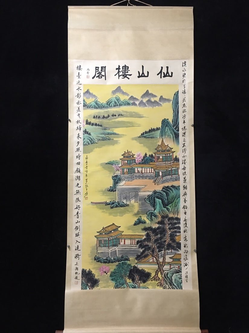 Zhang Daqian's Riverside Pavilion: Exquisite large four-foot hanging scroll painting with border, Zhang Daqian's "Riverside Pavilion," purely hand-painted, photographed as is, one item per painting, framed. Dimensions: Height x Width 2