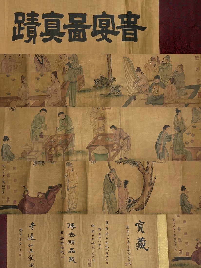 Gu Hongzhong's characters: Exquisite long handscroll painting, featuring figures by Gu Hongzhong, purely hand-painted, photographed individually, framed. Dimensions: Height x Width: 680cm x 72cm; Painting core dimensions: Heigh