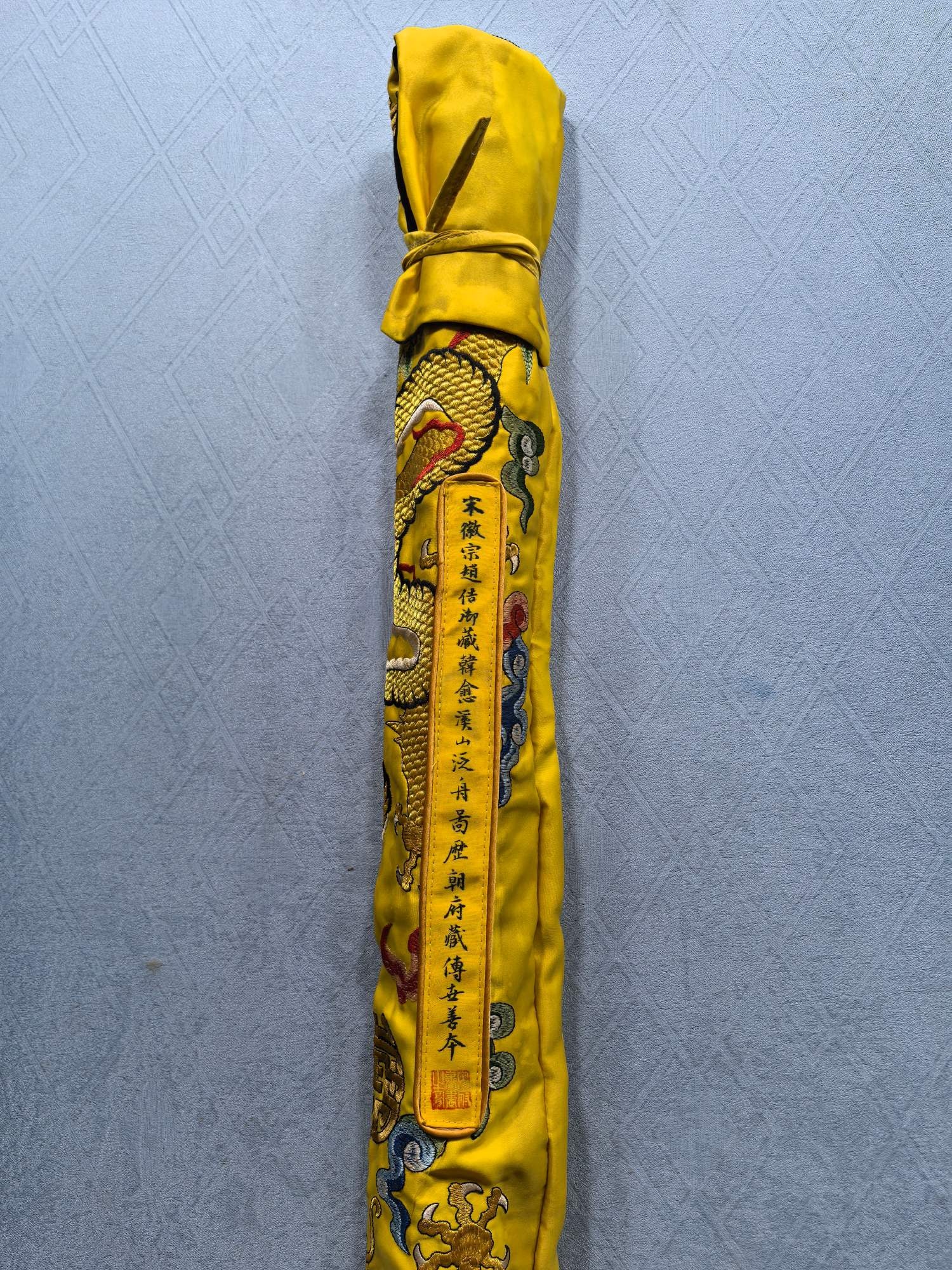 Han Yu's "Boating on a Mountain Stream": A fine silk painting of boating on a mountain stream by Han Yu, from the collection of Emperor Huizong of Song, measuring 68.2 x 134.6 cm. Provenance:From a private collection in Sussex, United Kingdo