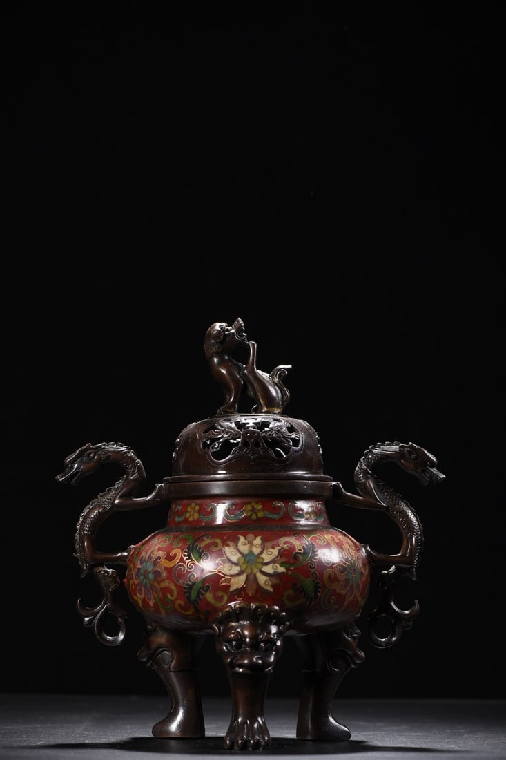 Cloisonne Lotus Pattern Incense Burner with Beast-shaped Knob and Dragon-shaped Handles (1 of 9)