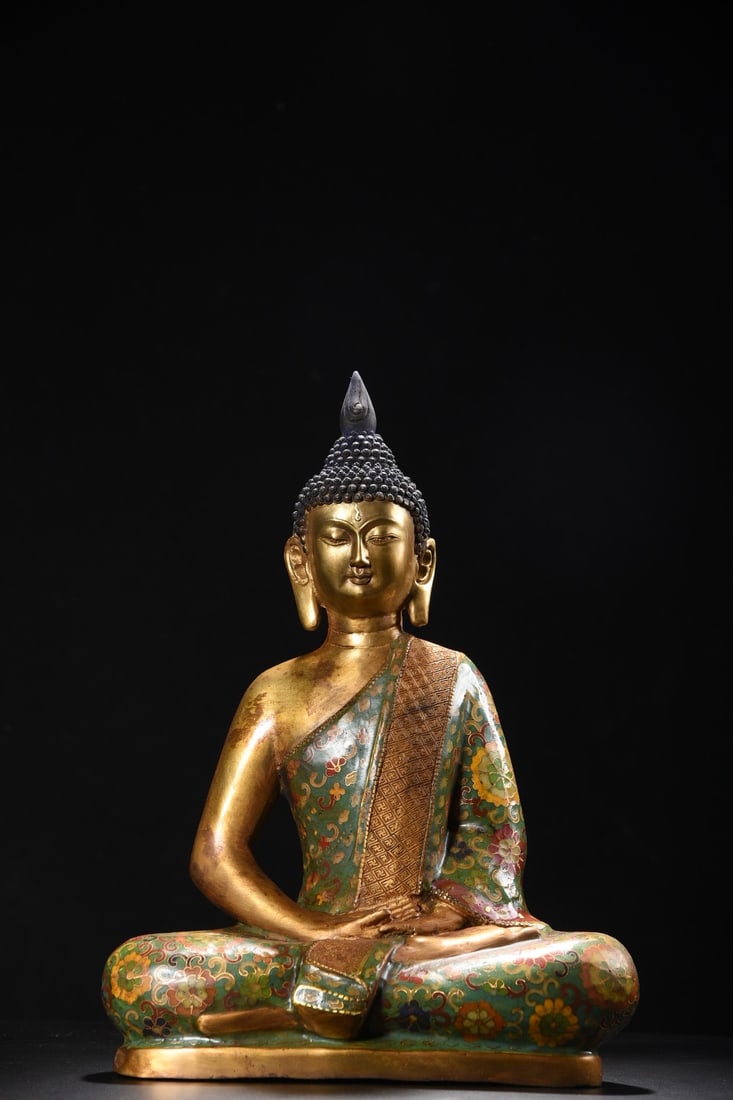 Cloisonne Shakyamuni Buddha Statue: Cloisonne Shakyamuni Buddha statue, 38cm high, 28cm wide, 14cm thick, weighing 5130 grams. Provenance:From an old private collection in Budapest, Hungary. Our cooperative logistics services provider e