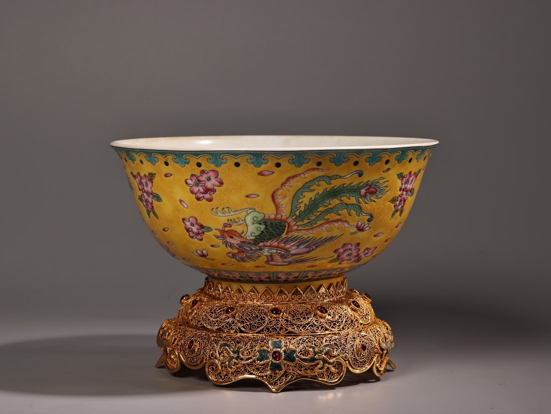 Rare and valuable Kangxi-era hand-painted famille rose porcelain bowl with silver filigree base. (1 of 9)