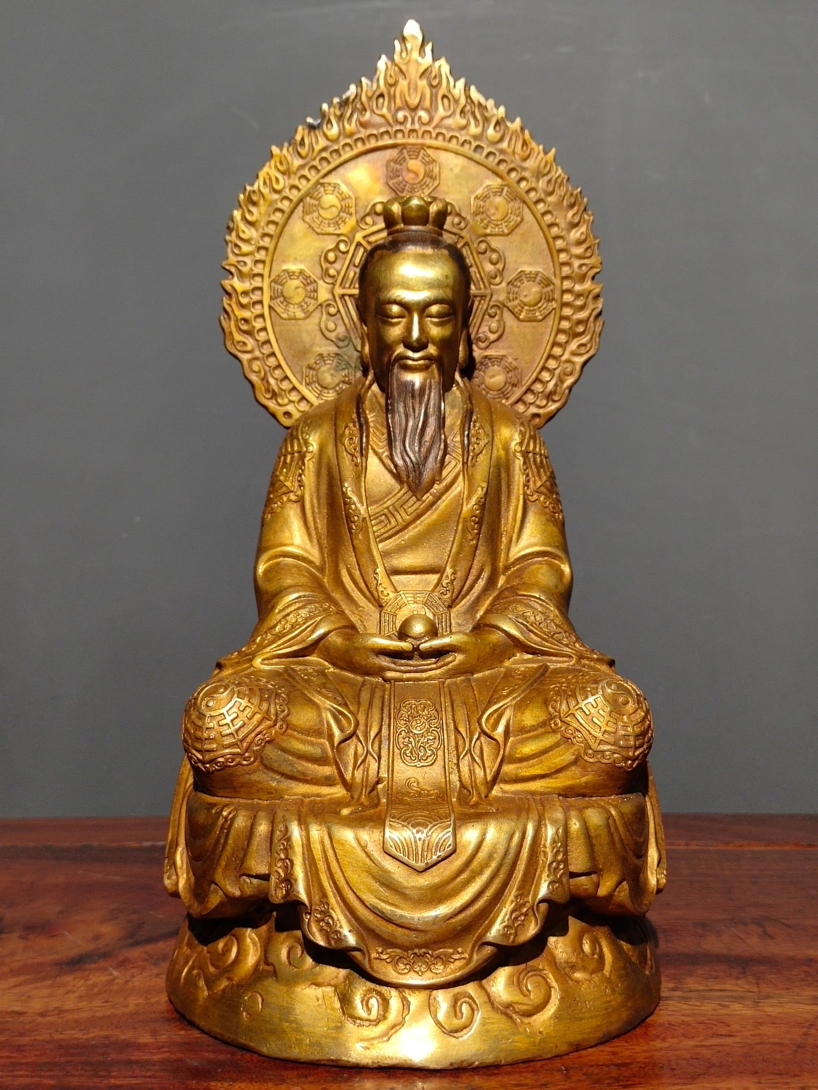 Formerly owned pure bronze gilt bronze Buddha statue of the Three Pure Ones, the Taoist Ancestor, (1 of 9)