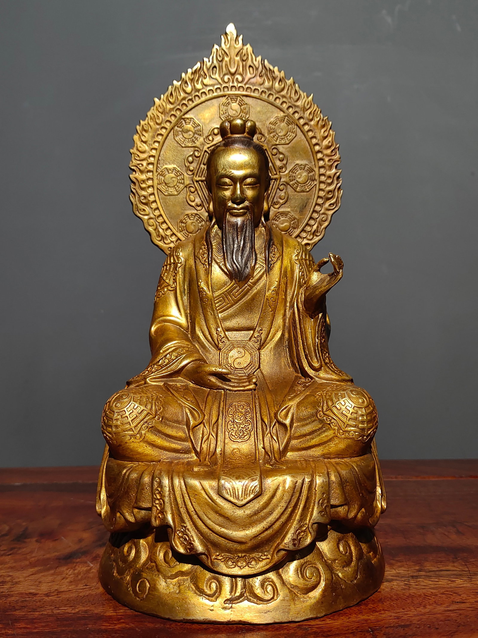 Formerly owned pure bronze gilt bronze Buddha statue of the Three Pure Ones, the Taoist Ancestor, (1 of 9)