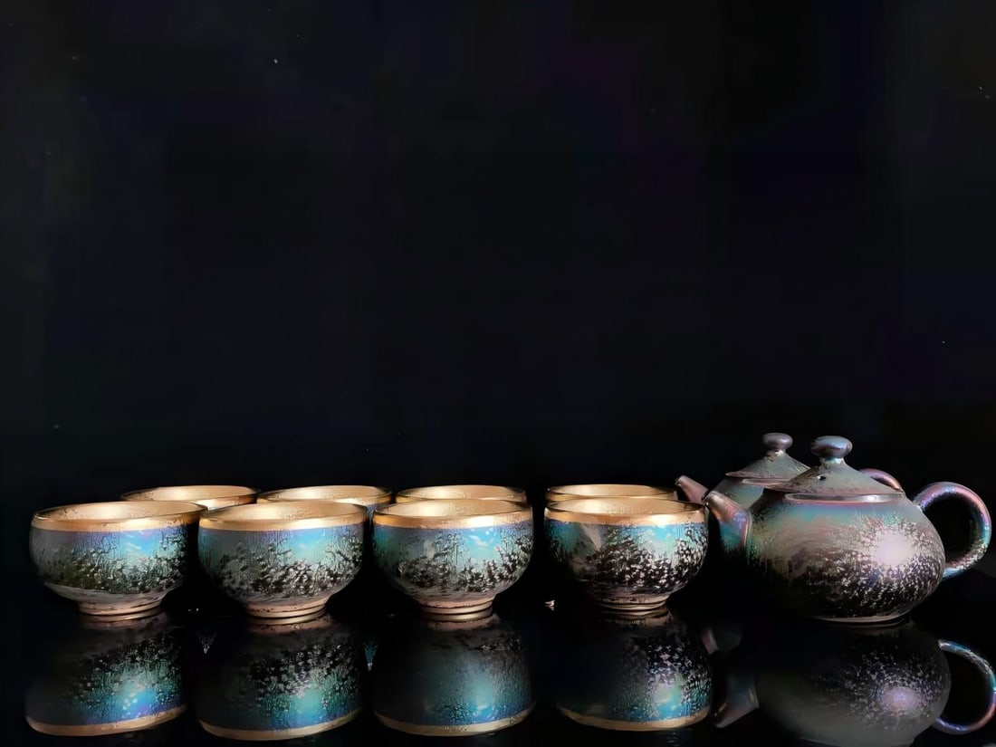 Two sets of antique kiln polychrome gilt teapots and teacups (1 of 9)