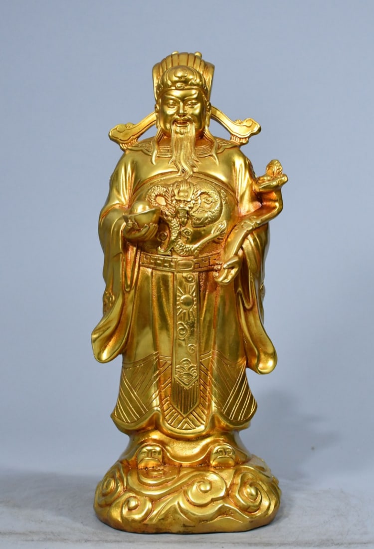 Rare and exquisitely crafted brass high-relief gilt bronze statue of the God of Wealth.: A rare, exquisitely crafted brass high-relief, gilt-bronze statue of the God of Wealth, with a thick, antique patina, possessing a natural, aged, and rustic charm. Highly artistic and collectible valu