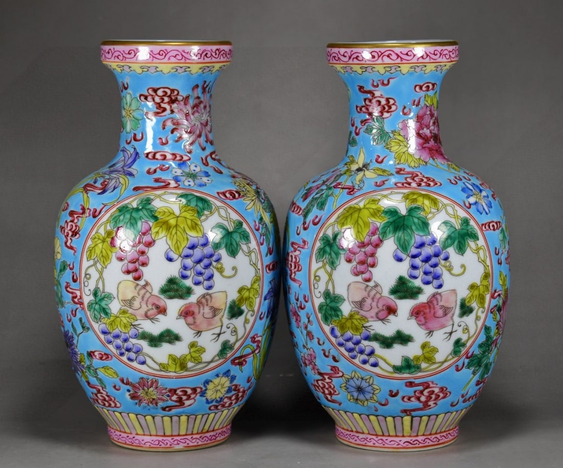 Yongzheng Imperial Kiln Enamel Gilt Vase with Double Window Design of Floral Sprays and Grapes (1 of 9)