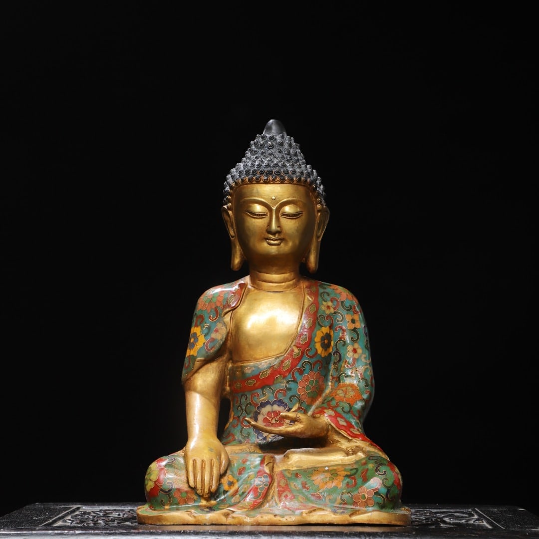 Cloisonne enamel and gilt bronze Amitabha Buddha statue: Cloisonne enamel, gilt bronze, Amitabha Buddha statue. Dimensions: Height 31 cm, Width 20 cm, Thickness 15 cm, Weight 3770 g. Provenance:From a noted private collection in Aix-en-Provence, France. Our