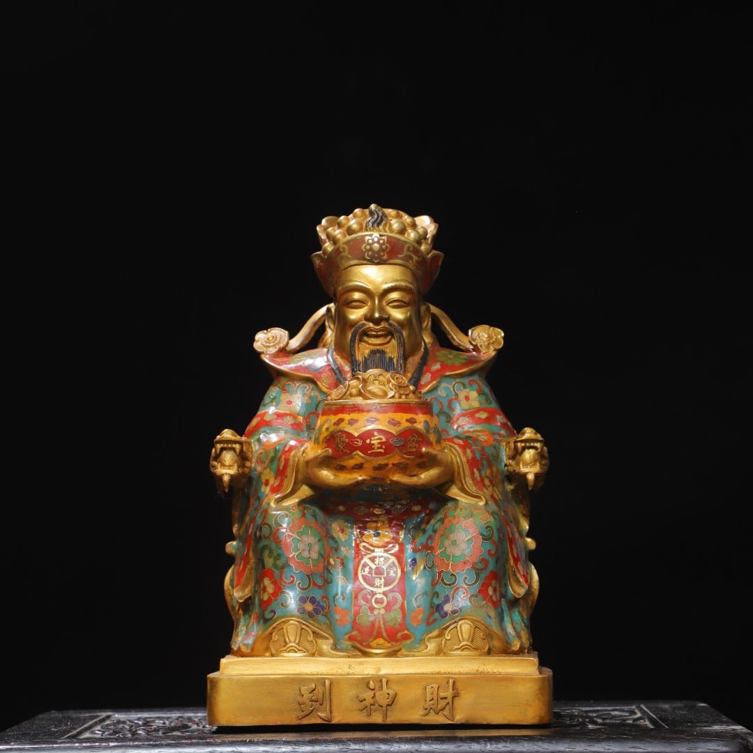 Cloisonne enamel and gilt bronze Maitreya Buddha statue: Cloisonne enamel, gilt bronze, Maitreya Buddha statue. Dimensions: Height 31 cm, Width 19 cm, Thickness 16 cm, Weight 5900g. Provenance:From a noted private collection in Aix-en-Provence, France. Our
