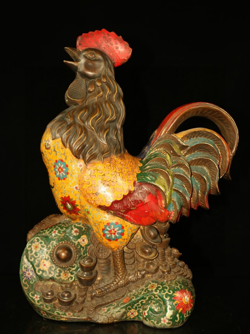 Early collection of pure copper cloisonne rooster figurines symbolizing good fortune and wealth. (1 of 9)