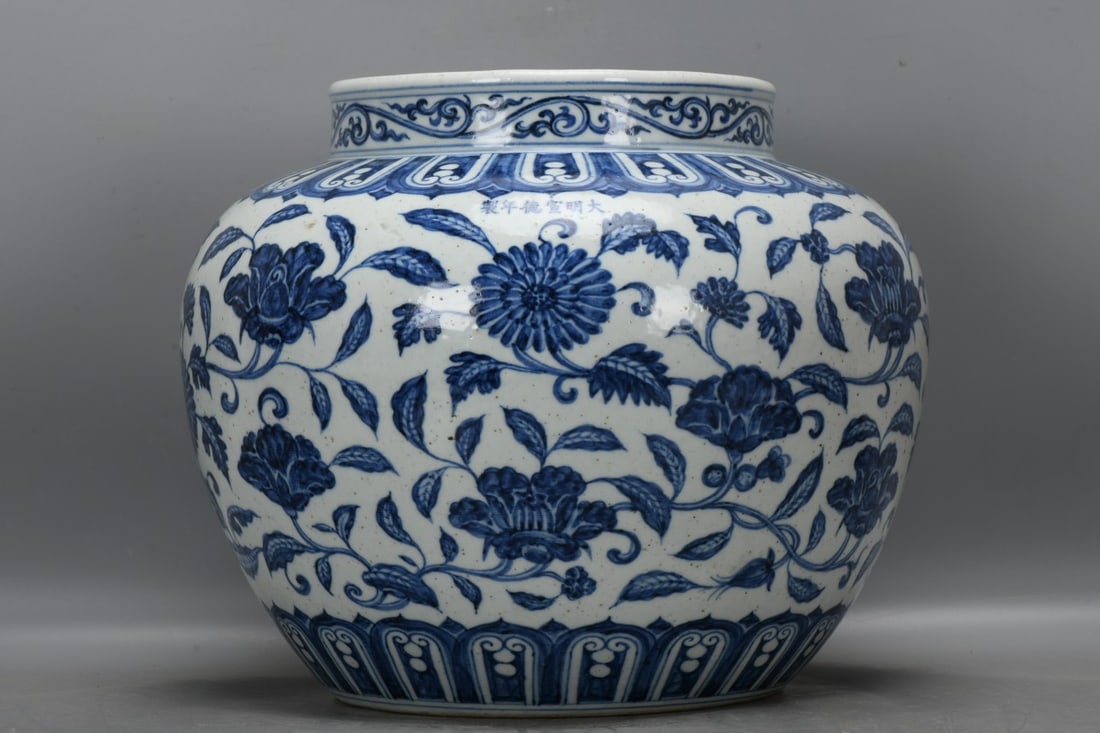 A Ming Dynasty Xuande period blue and white porcelain jar with floral spray design. (1 of 9)