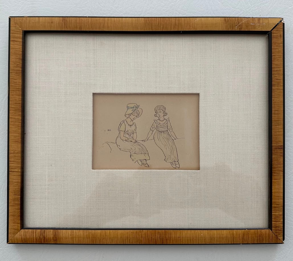 Kate Greenaway. Original drawing in the style of?: Original pen & ink drawing with added color, of two girls seated, one with a bonnet. Initialed KG; matted and framed. This drawing is in the style of Greenaway, not drawn by her. Image is 3" x 4".