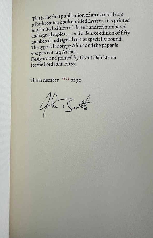 John Barth. Todd Andrews to the Author. Signed (1 of 5)